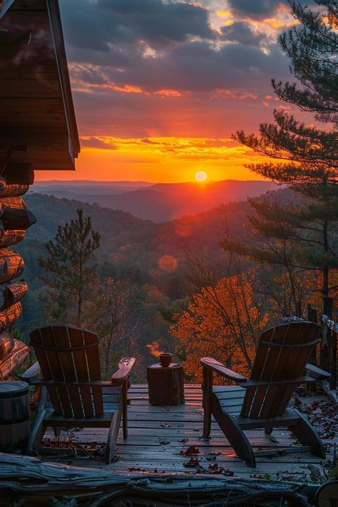 Fall Cabin Aesthetic, Porch Sunset, Aesthetically Pleasing Pictures, Sunset House, Camping Inspiration, Holiday Travel Destinations, Lincoln Logs, Autumn Love, Mountain Vacations