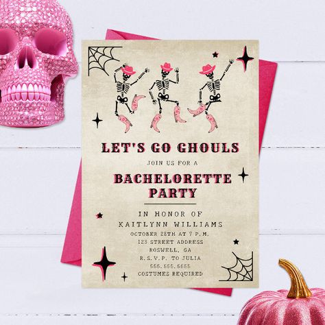 Let's Go Ghouls Halloween Bachelorette Party Invitation Costume Bachelorette Party, October Bachelorette Party Theme, Fall Themed Bachelorette Party Ideas, Halloween Theme Bachelorette, Halloween Hen Party, Bachelorette Party Halloween Theme, Bachelorette Halloween Theme, Lets Go Ghouls Bachelorette, October Bachelorette Party Ideas