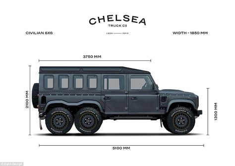 How hard will it be getting the Civilian Carrier 6x6 into a space? These measurements might help you realise Defender 6x6, Land Rover Defender Pickup, Laferrari Aperta, Defender Camper, Honda Scrambler, 6x6 Truck, Aventador Svj, Ferrari Cars, Overland Truck