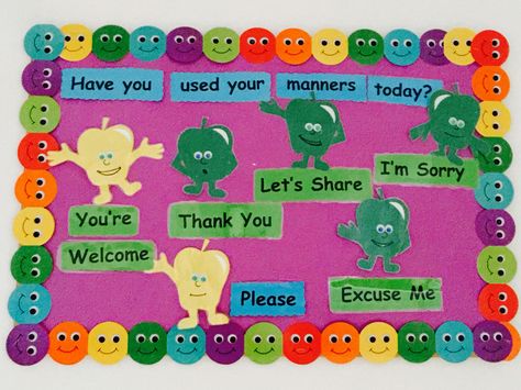 Have you used your manners today? You're welcome, Thank you, Let's share, I'm sorry, Please, Excuse me.  Bulletin Boards, kindergarten, school, preschool, Cambridge school of Bucharest, winter, autumn, spring, summer. Teaching Children Respect, Respect Classroom, Manners Preschool, Room Door Ideas, Preschool Classroom Rules, Teaching Kids Respect, Soft Board Decoration, Summer Door Decorations, Soft Board