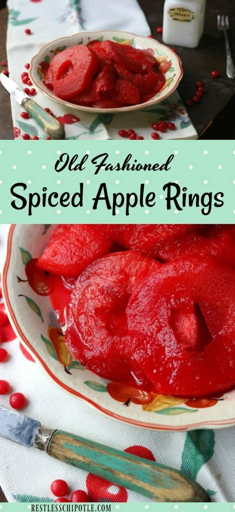 Spiced apple rings recipe is so easy! Tangy apples rings are simmered in a bright cinnamon syrup made with red hots - pears can be substituted for apples in this holiday treat. From RestlessChipotle.com via @Marye at Restless Chipotle Spiced Apple Rings, Apple Rings Recipe, Cinnamon Apple Rings, Red Hots Candy, Apple Rings, Cinnamon Syrup, Red Hots, Cinnamon Apple, Cooking Pan