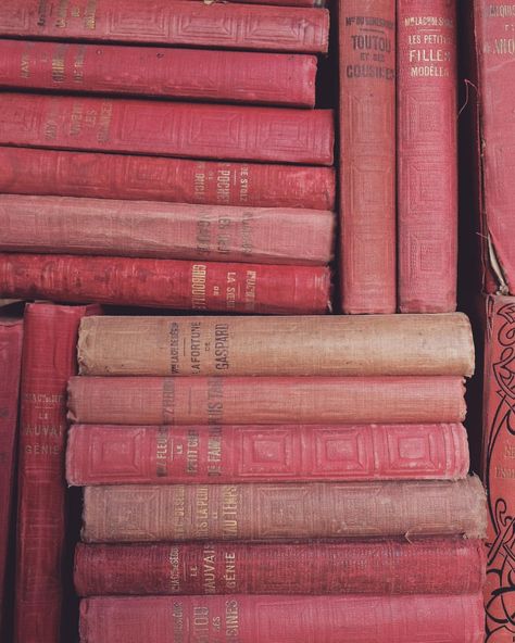 An instant library in ombré shades of pink. I bought a big lot of these children’s books, dated 1870-1920. The older books have gold leaf edges, and wonderful detailed hand printed illustrations. These would have been traditionally awarded at prize giving and certain books have the child’s handwritten name (their age) and date on the inside cover. I was thrilled to find such a large set. I can’t keep them as we have a distinct overflow of antique books already at home...so I will be selling ... Pink Academia Aesthetic, Pink Library, Pastel Academia, Rosé Core, Pink Academia, Antique Aesthetic, Library Aesthetic, Color Vibe, Pink Books