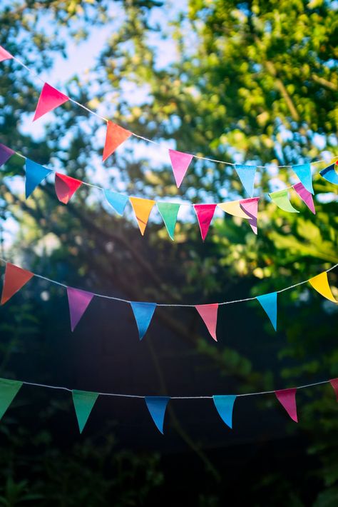 bunting in summer garden | Catherine MacBride | Flickr Garden Bunting Ideas, Garden Bunting, Summer Bbq, Summer Garden, Go Camping, In Summer, Cottage Garden, Bunting, Country Flags