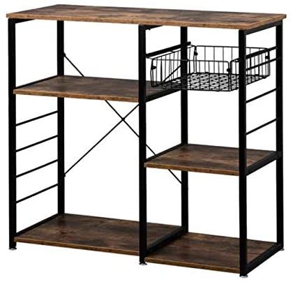 5-Layer MDF Industrial Wrought Iron Kitchen Shelf with Drain Basket Hook Wrought Iron Kitchen, Kitchen Bakers Rack, Kitchen Work Station, Utility Storage Cabinet, Iron Kitchen, Microwave Stand, Sofa Console, Spice Rack Organiser, Kitchen Storage Shelves