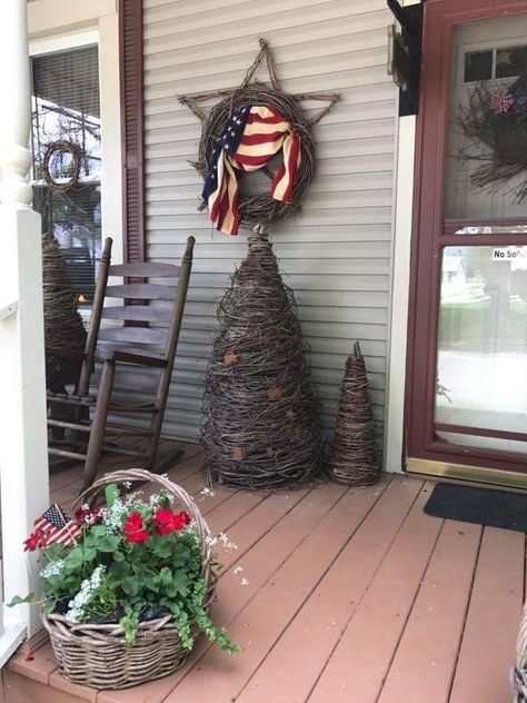 Primitive Porch Decor, American Flag Outdoor Decor, Front Porch American Flag, Americana Outdoor Decor, American Flag Front Porch, Primitive Outdoor Decorating, Patriotic Porch Ideas, American Flag Bunting Porch, Patriotic Porch Decor