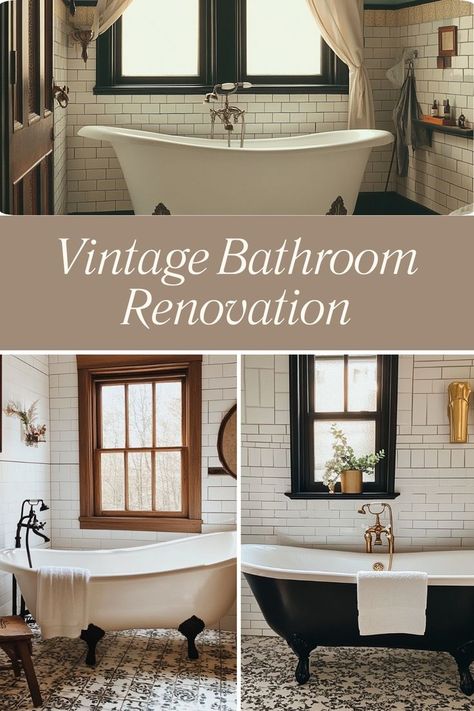 Transform your bathroom with a vintage renovation, featuring classic fixtures and timeless charm. #VintageBathroom #BathroomRenovation #ClassicDecor Bathroom Inspiration Vintage, Vintage Theme Bathroom Ideas, Modern Vintage Bathroom Ideas, Vintage Bathroom Remodel Ideas, 1920s Style Bathroom, Modern Colonial Bathroom, Vintage Decor Bathroom, Black And White Vintage Bathroom, Bathroom Ideas Vintage