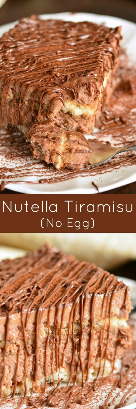 Easy Nutella Tiramisu (No Egg). This Tiramisu is very EASY to make, it has no raw egg in the cream, and LOTS of Nutella flavor throughout. #nutella #nutelladessert #tiramisu #easydessert Nutella Tiramisu Recipes, Tiramisu No Eggs Recipe, Nutella Topping For Cheesecake, Easy Tiramisu Recipe No Egg, Easy Tiramisu Recipe No Ladyfingers, Nutella Ideas, Nutella Tiramisu, Nutella Cream, Whipped Mascarpone