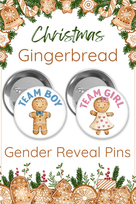 Team boy and Team girl gingerbread gender reveal pins with pink and blue Unique Gender Reveal Ideas Christmas, Gender Reveal Gingerbread House, Gingerbread Man Gender Reveal, Gender Reveal Gingerbread, Ginger Bread Gender Reveal Ideas, Ginger Bread Gender Reveal Theme, What’s Baking Gingerbread Gender Reveal, Gingerbread Gender Reveal Party, New Years Gender Reveal