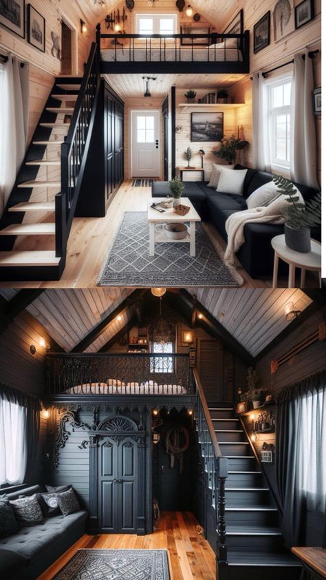 Tiny house cabin black aesthetic Gothic Tiny House, Shed Homes Ideas, Tiny House Luxury, Tiny House Inspiration, Dorm Living, Tiny House Floor Plans, Tiny Cabin, Tiny House Decor, Tiny House Movement