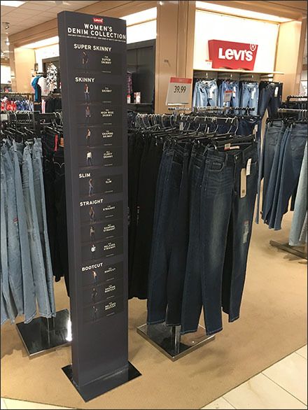 Levis Denim Sizing Vertical Sign Main Clothing Store Interior, Store Signage, Slider Design, Clothing Store Design, Retail Signage, Jeans Store, Clothing Displays, Denim Fashion Women, Fabric Display