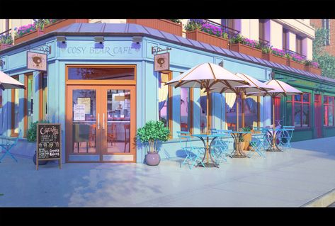 Cosy Bear Café, Goliat Gashi on ArtStation at https://www.artstation.com/artwork/6W3Gx Anime Backgrounds Cafe, Gacha Backgrounds Outside, Cafe Exterior, Episode Interactive Backgrounds, Anime Places, Episode Backgrounds, Bg Design, Anime City, Scenery Background