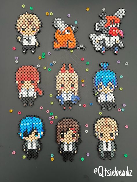 Handmade Anime Inspired Characters (Denji | Makima | Pochita | Power)  Kandi Perler Beads Art for Raves, Music Festivals. Please note: the colors in the item may slightly change when made due to inventory. However, the overall item remains the same 😊. Perler Beads Art Pattern, Chibi Perler Beads, Anime Iron Beads, Perler Bead Art Anime, Ddlc Perler Beads, Bakugo Perler Beads, Perler Shaker, Yugioh Perler Beads, Anime Pearl Beads