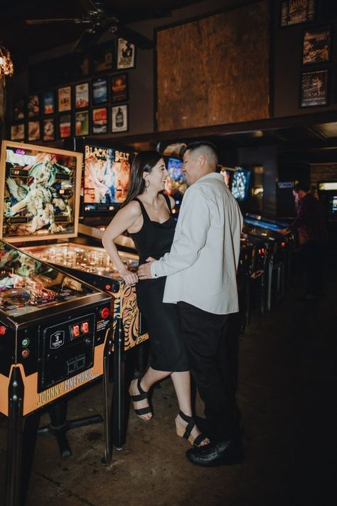 An Engagement Photo Session in Williamsburg Retro Inspired Engagement Photos, Arcade Photoshoot Engagement, Pinball Engagement Photos, Pinball Photoshoot, Arcade Couples Photoshoot, Arcade Wedding Photos, Bar Photoshoot Ideas Couple, Alternative Couple Photoshoot, Arcade Couple Pictures