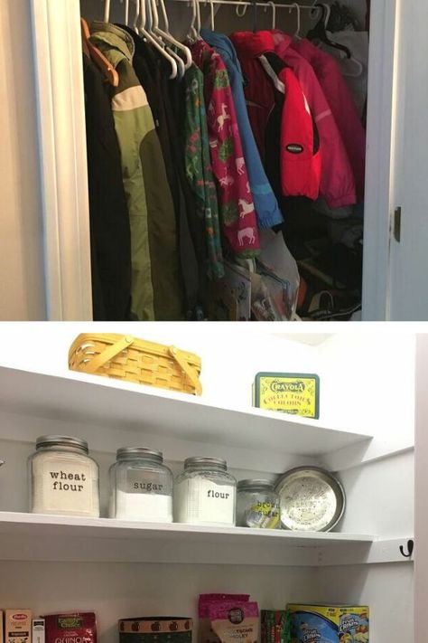 If you're looking for pantry storage space check out this closet turned pantry with easy shelving. DIY Pantry idea on a budget. How to turn a closet into a pantry. Converting A Closet Into A Pantry, Pantry For Small Kitchen, Hall Closet To Pantry Conversion, Update Small Pantry Closet, How To Turn A Coat Closet Into A Pantry, Turning Coat Closet Into Pantry, Closet Turned Pantry, Closet Into A Pantry, Diy Closet Makeover