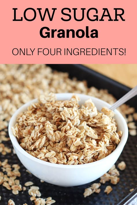 This quick and easy low sugar granola recipe is made with only four basic ingredients, making it both easy and cost effective. No Oil Granola, Low Carb Granola Recipe With Oats, Ww Granola Recipe, Brown Sugar Granola Recipe, Low Cal Granola Recipe, Easy Granola Recipe 4 Ingredients, Healthy Granola Recipe Low Sugar, Low Cal Granola, Granola Recipe Nut Free