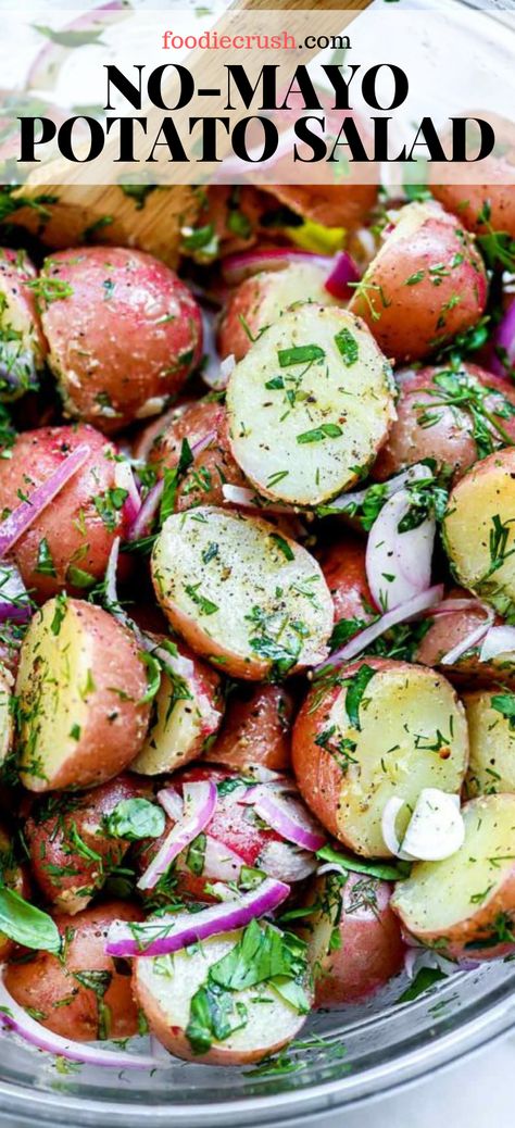 No-Mayo Potato Salad With Herbs | foodiecrush.com #salad #potatosalad #recipes #potluck #summer #healthy #no-mayo Easy to make and lighter to eat, this healthy no-mayo potato salad with fresh herbs and an easy olive oil dressing is the perfect side dish for a crowd. Side Dish For A Crowd, Dish For A Crowd, Recipes Potluck, Salad With Herbs, Salad With Fresh Herbs, Olive Oil Dressing, Oil Dressing, Potatoes Onions, Resep Salad