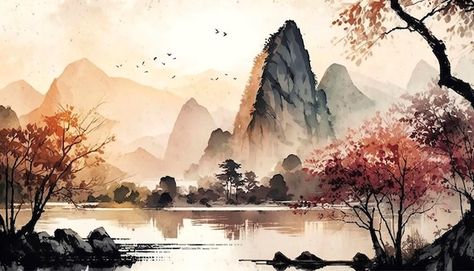 Chinese landscape and natural scenery in... | Premium Photo #Freepik #photo #landscape-painting #nature-painting #watercolor-landscape #watercolor-painting Fantasy China Landscape, Chinese Nature Painting, Chinese Scenery Painting, Chinese Landscape Painting Horizontal, Landscape Japanese Art, Traditional Chinese Art Landscape, Chinese Fantasy Art Landscape, Painting Scenery Landscapes, Chinese Background Landscape