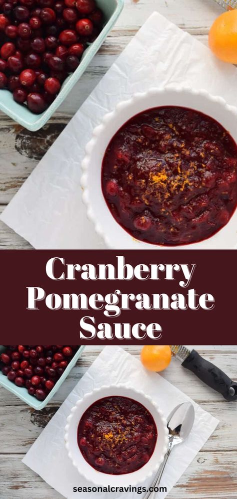 Never buy canned cranberry sauce again.  This Easy Cranberry Pomegranate Sauce is so simple and tasty, it will become the star of your Thanksgiving meal.  #glutenfree #thanksgiving #cranberries #fall Crowd Recipes, Seasonal Fruits And Vegetables, Cranberry Pomegranate, Cravings Recipes, Whole30 Vegan, Pomegranate Sauce, Canned Cranberry Sauce, Easy Food Recipes, Gluten Free Thanksgiving