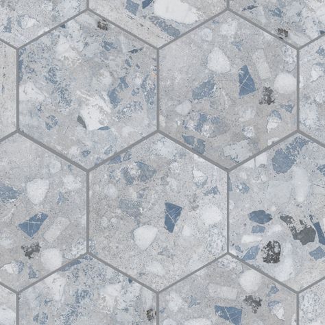 Tile With Blue Accents, Best Tile For Small Bathroom Floors, Teal Floor Tile, Small Powder Room Floor Tile, Coastal Floor Tile, Bathroom Wall And Floor Tile Ideas, Hexagon Floor Tiles Bathroom, Hexagon Wall Tile Bathroom, Gray And Blue Bathroom Ideas