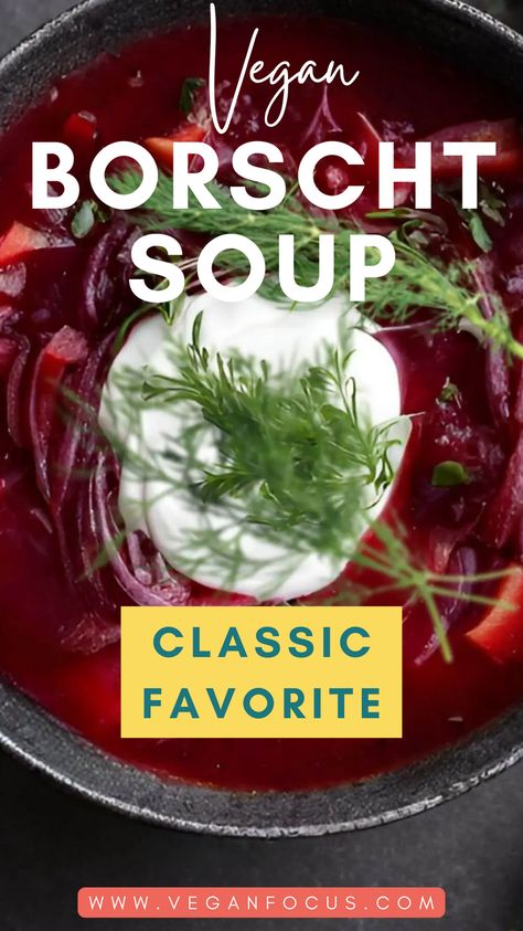 Try vegan borscht soup to experience the charm of Eastern European cuisine. This vegan and vegetarian version offers a colorful and wholesome take on a classic favorite with beets, cabbage, and a mix of veggies. This handmade soup is a lovely complement to any dinner table with its vivid colors and cozy scent. Savor the nutritious taste and depth of flavor of vegan borscht as a filling, comforting dinner choice. Discover the rich culinary legacy of this tasty and simple-to-make vegan soup! #soup Beet Soup Vegan, Vegetarian Borscht Soup Recipe, Vegan Beet Soup, Vegetable Borscht Soup, Vegan Borscht Soup, Vegetarian Borscht Soup, Borscht Soup Recipe Vegetarian, Beet Soup Recipes Borscht, Beet Borscht Soup