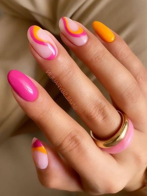 Chic Summer Pink Short Oval Nails - Trendy Tips & Styles Sunny Holiday Nails, Super Bright Nails, Orange Hot Pink Nails, Summer Pink And Orange Nails, Pink Holiday Nails Summer, Pink Festival Nails, Short Hot Pink Nails With Design, Hot Pink Orange Nails, Hot Pink Beach Nails