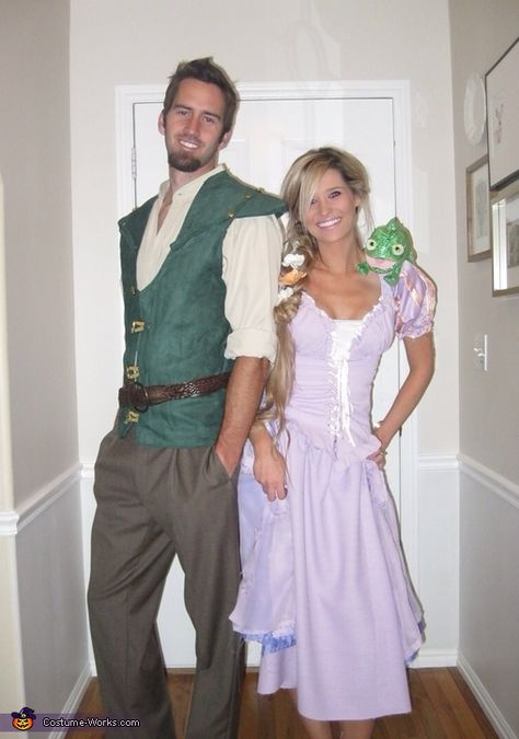 Natalie: I made these costume for my husband and myself. Everyone always has told my husband that he looks like the Disney character Flynn Rider from Tangled. I used that as... Disney Çiftleri, Flynn Rider Costume, Diy Halloween Couples, Disney Couple Costumes, Cute Couples Costumes, Halloween Costumes 2014, Funny Couple Halloween Costumes, Rapunzel Costume, Couple Costumes