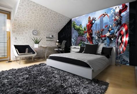 Superheroes are one of those pop culture interests that nobody really grows out of. Even if you don't want to go all out with superhero decor in the living room Bedroom Ideas For Guys, Wallpaper Childrens Room, Boys Bedroom Wallpaper, Comic Wallpaper, Stripped Wallpaper, Disney Bedrooms, Superhero Bedroom, Dress Tips, Marvel Avengers Assemble