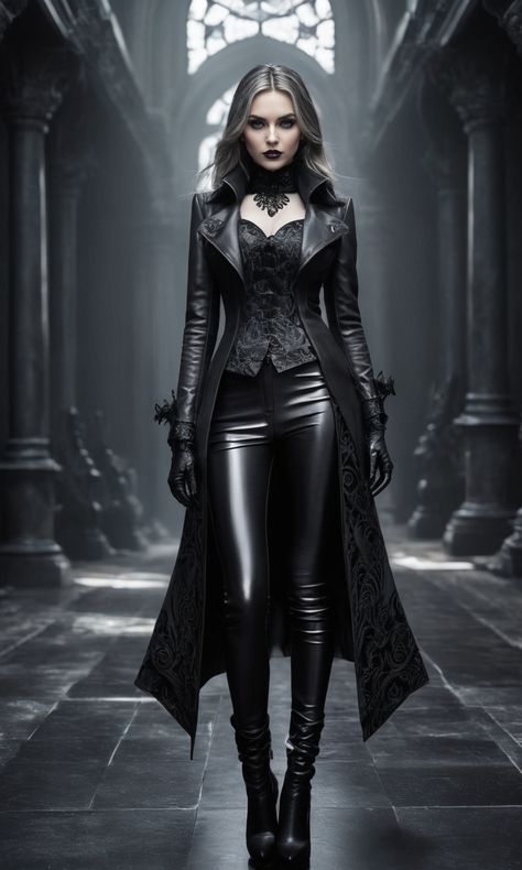 A stunning gothic woman in a long black leather coat with intricate lace detailing, paired with sleek leather pants and a corset top.  #GothicFashion #LeatherCoat #LaceDetailing #CorsetTop #LeatherPants #DarkElegance #AI Leather Vampire Outfit, Academia Castle, Superhero Outfit Ideas, Dark Academia Castle, Goth Images, Goth Techwear, Dark Academia Witch, Elegant Gothic Aristocrat, Dark Gothic Fashion