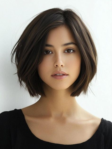 Flattering Bob Haircuts for Round Faces: Top Styles to Try Side Part Bob Round Faces, Round Face Bangstyle Short Hair, Long Bob Asian Hair Round Faces, Short Bob With Long Layers, Below Chin Length Bob, Short Hairstyles For Round Face Shape, Dark Hair Short Bob, Short Hairstyle Women With Round Face, Rounded Bob Haircut With Bangs