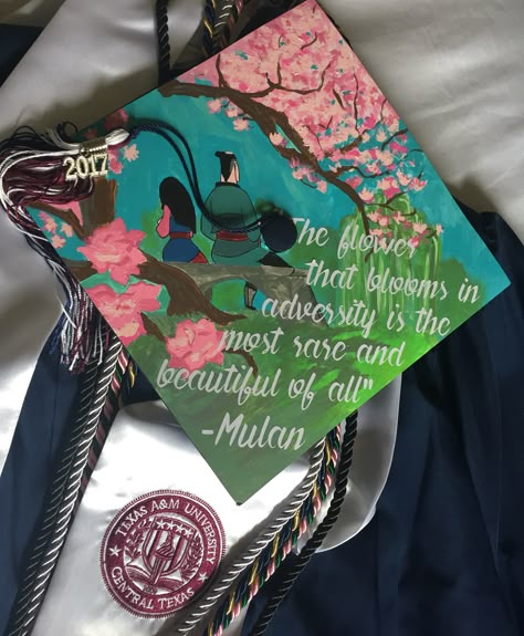 My mulan themed graduation cap :) Cap Decoration Graduation, Disney Graduation Cap, Funny Graduation Caps, Creative Graduation Caps, Disney Graduation, Caps Ideas, College Grad Cap Ideas, Graduation Cap Decoration Diy, High School Graduation Cap