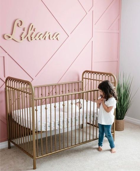 A photo of a beautiful nursery room with a white name sign "Liliana" Pink Board And Batten, Board And Batten Nursery, Brass Crib, Nursery Room Ideas, Custom Nursery Sign, Sign Inspiration, Wooden Nursery, Board Batten, Baby Girl Name