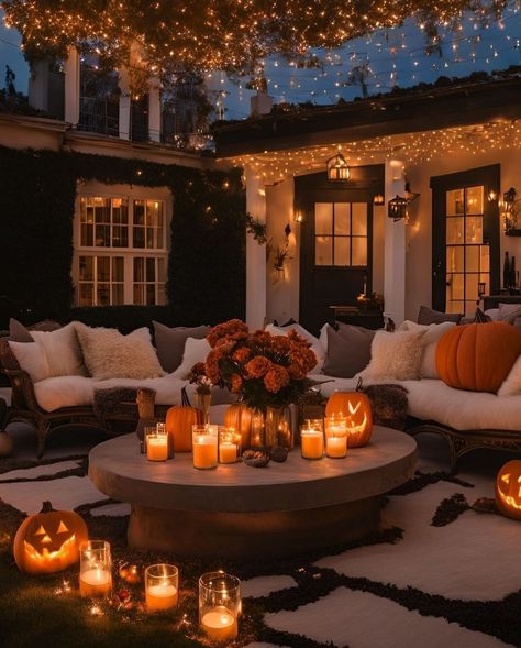 Fall Porch Aesthetic, Outdoor Patio Fall Decorating Ideas, Thanksgiving Decorations Front Porch, Bonfire Ideas, Autumn Cottagecore, Fall Patio, Fall Garden Decor, Bonfire Party, Fall Images