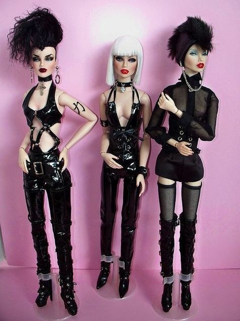 I love these three Goth Barbies!!,They have very authentic looking pants, tops, jewelry, rocking some great looking punk hairdos, boots and heels plus great goth dark makeup. I want my Chloe to be a edgy, goth/punk groupie, so I am trying to find dresses, skirts and distressed jeans in colors  like black, dark purple, burgandy, plaid skirts, bustiers and corsets, fishnet stockings and thigh highs, fabrics like pleather, mesh, tulle, lace, sparkly, heeled boots, open toe high heels, cool jewelry Bad Barbie, Im A Barbie Girl, Gothic Dolls, I'm With The Band, Barbie I, Hello Dolly, Barbie Friends, Barbie Collection, Barbie And Ken