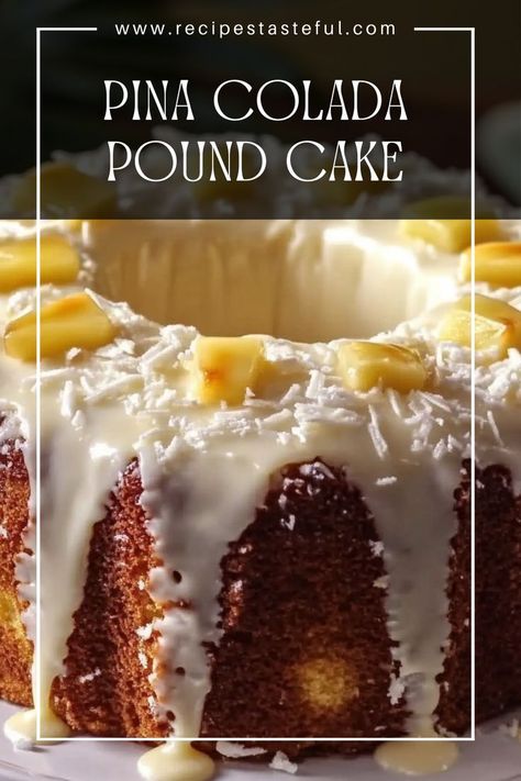 Indulge in a tropical delight with this Pina Colada Pound Cake. Combining the flavors of sweet pineapple and creamy coconut, this cake is perfect for dessert or a sweet snack. Topped with a luscious glaze and toasted coconut, it's a delightful treat that captures the essence of a classic piña colada. Pina Colada Dump Cake Recipe, Coconut Pineapple Pound Cake, Pineapple Coconut Pound Cake, Pina Colada Recipe In A Pineapple, Coconut Pound Cake Moist, Pina Colada Pound Cake, Pina Colada Pound Cake Recipe, Amish Fry Pies, Amish Fry Pies Recipe