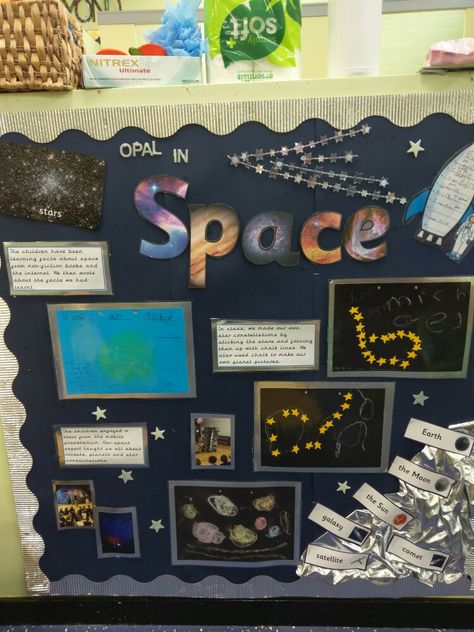 EYFS Space display Eyfs Space, Science Display, Eyfs Ideas, Space Preschool, Early Years Classroom, Science Space, Space Display, Year 1, Role Play