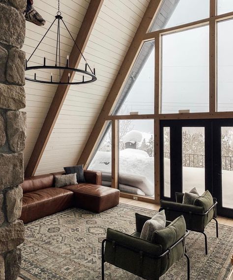 A Frame House Living Room, Inside Of A Frame House, A Frame Interior Design, A-frame Interior, Loloi Rug, Green Chairs, Cabin Living Room, A Frame Cabins, Progress Photos