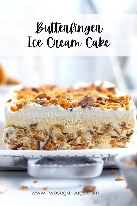 Butterfinger Ice Cream Cake, Butterfinger Ice Cream Recipe, Homemade Whipped Cream Frosting, Ice Cream Cake Recipe Homemade, Butterfinger Ice Cream, Layered Ice Cream Cake, Butter Finger Dessert, Ice Cream Dessert Recipe, Homemade Ice Cream Cake