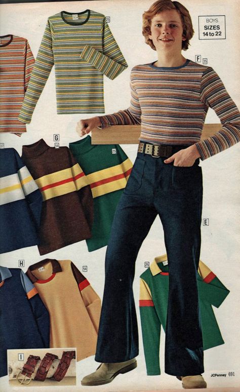 1970s boys clothes from JC Penney...I would seriously wear the shirt this boy model has on now!! 60s Boys Outfit, 70s Boys Outfits, 80s Boys Outfits, 70s Clothes Men, 70s Fashion Boys, 70s Boys Fashion, 70s Clothes Aesthetic, 70s Teenage Fashion, 70s Teen Fashion