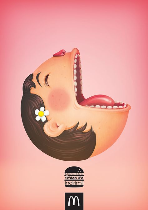 At McDonald’s, you pay less for your McChicken or Big Mac between 12:00 am to 3:00 p.m. We want to show this benefit with a unique way. We created illustrated heads. Their mouths are widely open in reference to the angles of hour and minute hand on a cloc… Mouth Illustration, Poster Company, Design Motivation, Life Study, Monkey Wallpaper, Z Wallpaper, Ads Creative Advertising Ideas, Cake Illustration, Ad Of The World