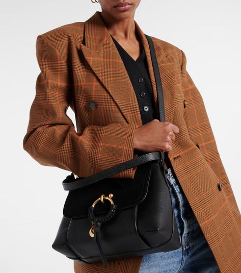 Joan Small leather shoulder bag in black - See By Chloe | Mytheresa Transitional Outfits, Wool Waistcoat, Golden Hoops, Spring Knits, Joan Smalls, Spring Bags, Transition Outfits, Brown Blazer, Checked Blazer