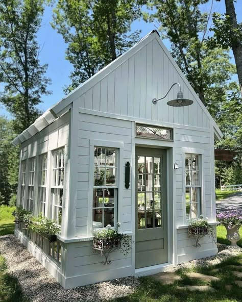 22 Ultimate Greenhouse Garden Shed Ideas You'll Love Gardens With Sheds, Pergola Into Greenhouse, Modern Farmhouse Garden Shed, Greenhouse Repurposed Windows, Shed Converted To Greenhouse, Rustic Green House Ideas, Garden Shed With Greenhouse Attached, L Shaped Greenhouse, Lakehouse Storage Shed