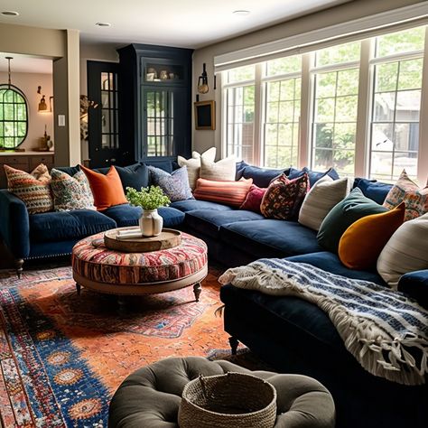 Peacock Blue Couch Living Room, Moody Living Room Teal Couch, Colorful Great Room, Blue In Living Room, Navy Color Scheme Living Room, Dark Couch Living Room Colorful, Dark Brown Couch Living Room Ideas Color Schemes Red Accents, Blue Couch Colorful Living Room, Navy Couch Boho Living Room