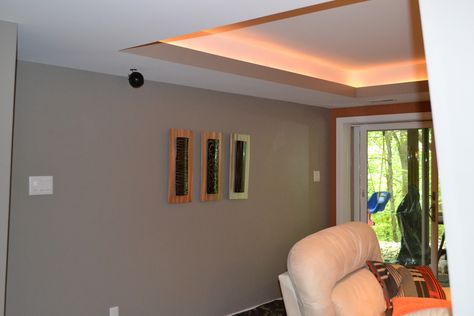 Indented Ceiling - Tray Ceiling Indented Ceiling, Tray Ceiling, Finishing Basement, Basement Ideas, Construction Company, Basement, Tray, Lounge, Ceiling