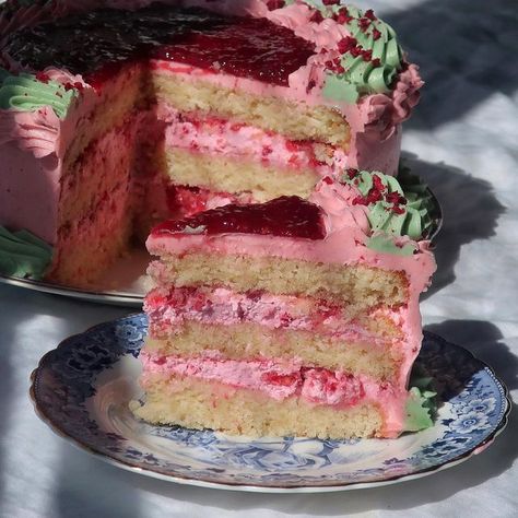 Raspberry Torte Strawberry Shortcake, Torte Aesthetic, Strawberry Shortcake Aesthetic, Shortcake Aesthetic, Cakes Pretty, Raspberry Mousse Cake, Raspberry Torte, Cake Delicious, Raspberry Mousse