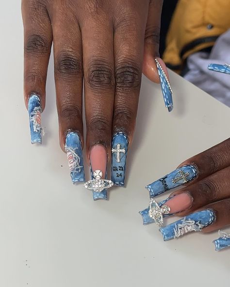 Denim on Denim on Demin💙⛓️ . . #lapnailz Denim Nails Ideas, Denim On Demin, Jean Nails, Hamilton Nails, Denim Nails, Birthday Style, Birthday Fit, Birthday Fits, Denim On Denim