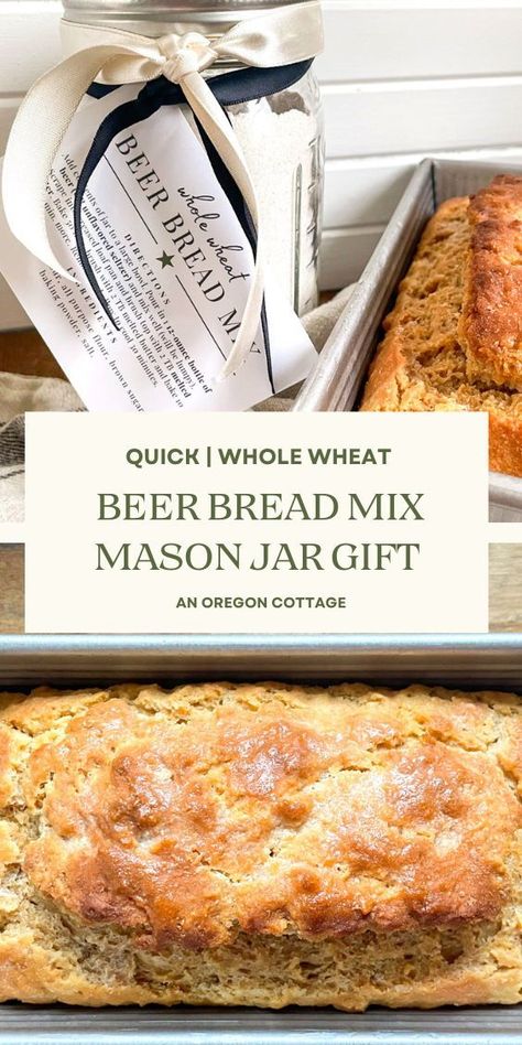 Whip up a batch of this mouth watering beer bread mix with whole wheat in minutes for a recipe that is not only quick, but also packed with extra nutrients. Give this jar gift to a friend or family member who loves to bake along with a bottle of beer (or non-alcoholic beer or soda water) - all they need to add is a brushing of butter to enjoy their warm, homemade bread. Plus, the downloadable tags are included, too! Beer Bread Mix In A Jar, Bread In A Jar, Unique Food Gifts, Oregon Cottage, Beer Bread Mix, Flavored Beer, Fall Fun Food, Loaf Cakes, Non Alcoholic Beer