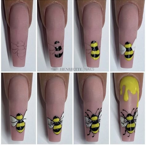 Bee On Nails, Bee Nail Art Designs, Honey Bee Nail Designs, Bumble Bee Nails Design, Honey Bee Nails, Nails Squared, Bee Nail Designs, Bumble Bee Nails, Unique Nail Art Designs