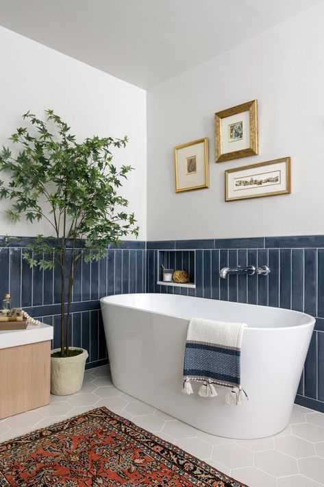 condo bathtub with tree | #LivingTheirBestLife Spa Bathroom, Primary Bathroom, Steam Shower, Ceramic Subway Tile, Bathroom Redesign, Water Closet, Shower Bench, Hall Bathroom, Bathroom Remodel With Tub