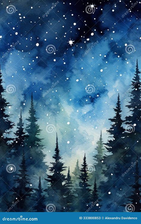 Winter Night Forest. Vertical Watercolor Painting. Landscape with Fir Trees and Full Moon Stock Image - Image of generative, blue: 333800853 Watercolor Fir Trees, Winter Night Watercolor, Winter Forest Watercolor, Forest Night Painting, Night Painting Ideas, Winter Night Painting, Winter Night Sky, Christmas Desk, Watercolor Night Sky