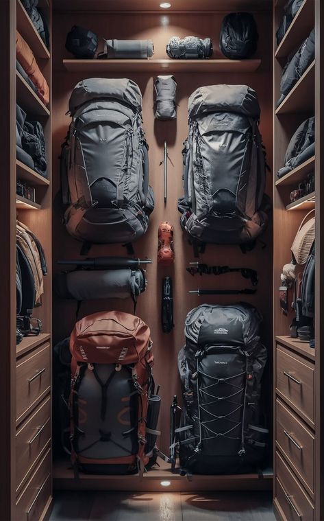 An elegant closet with a sophisticated backpacking gear wall and neatly arranged outdoor gear. Gear Room Organization, Outdoor Gear Organization, Organization Ideas Closet, Elegant Closet, Backpack Wall, Gear Wall, Gear Room, Tactical Wall, Cozy Camping